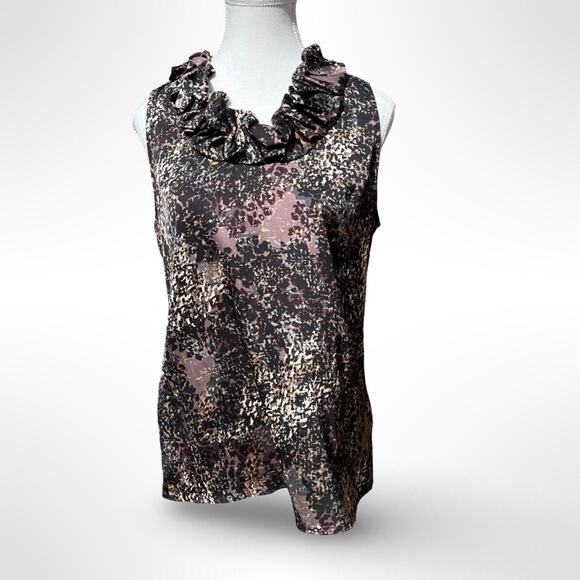 ANN TAYLOR Sleeveless Satin Blouse Ruffle Neck Abstract Print Elegant Top Sz 8 - Picture 1 of 9